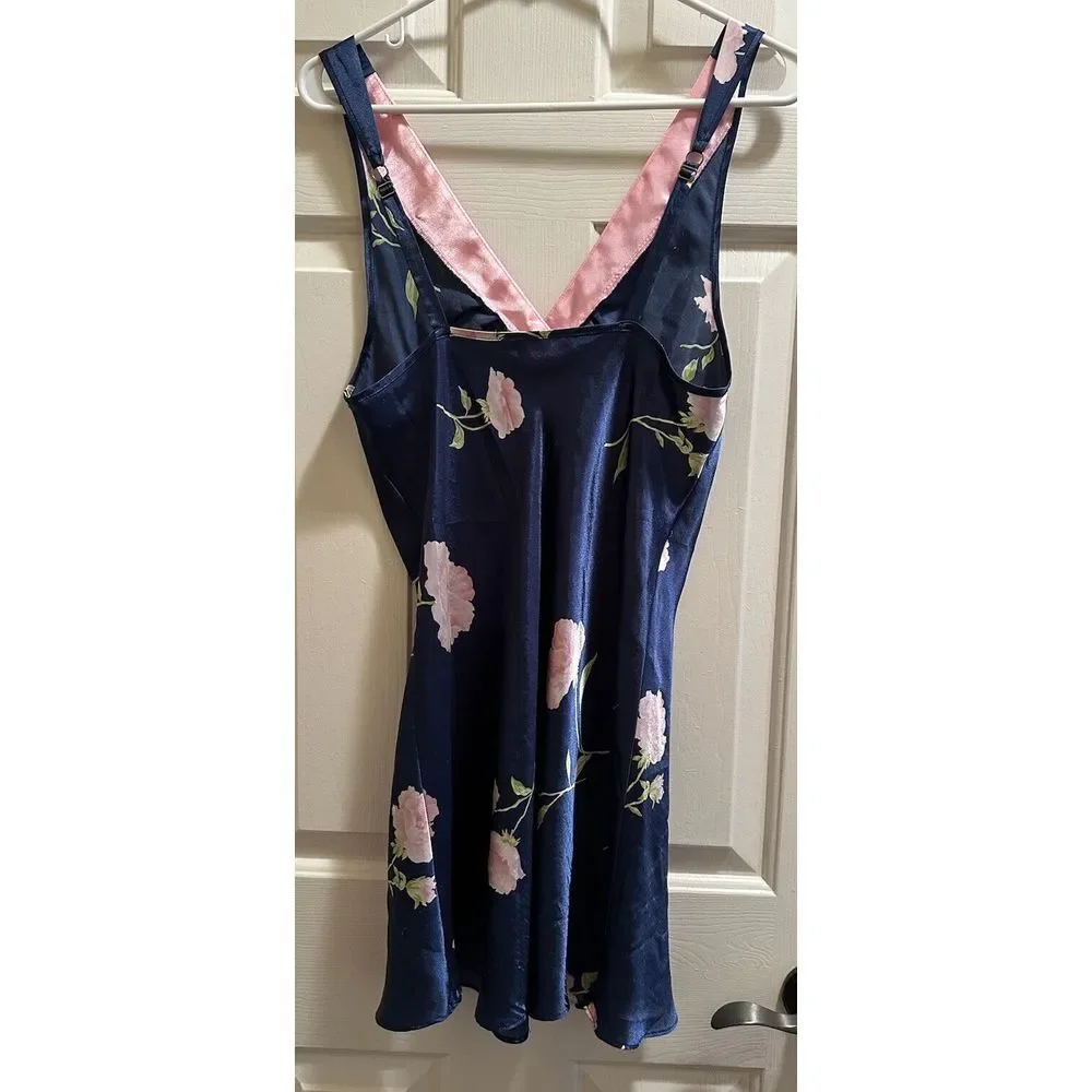 Vintage Jones New York Satin Long And Short Nightgown Lingerie Blue Floral Small